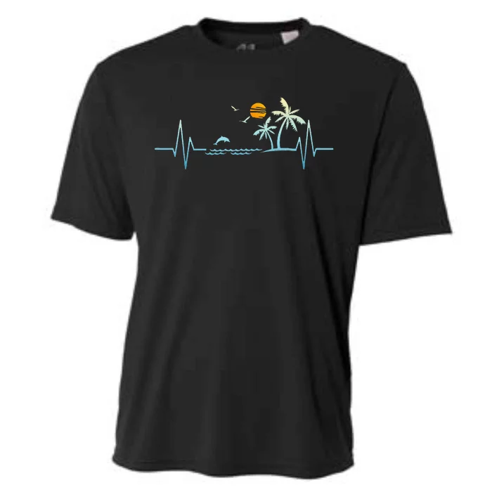 Heartbeat With Tropical Palm Trees Beach Island Sunset Cooling Performance Crew T-Shirt