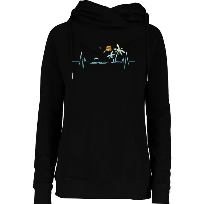 Heartbeat With Tropical Palm Trees Beach Island Sunset Womens Funnel Neck Pullover Hood