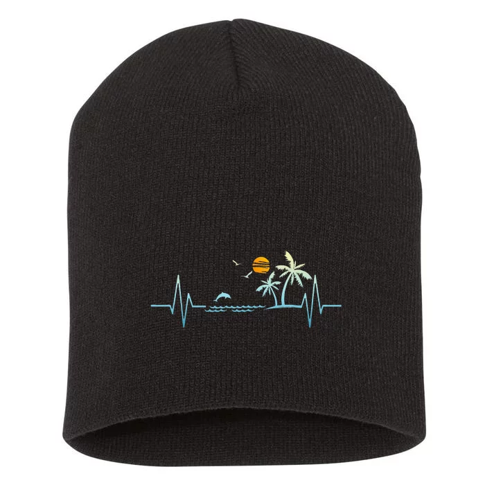 Heartbeat With Tropical Palm Trees Beach Island Sunset Short Acrylic Beanie