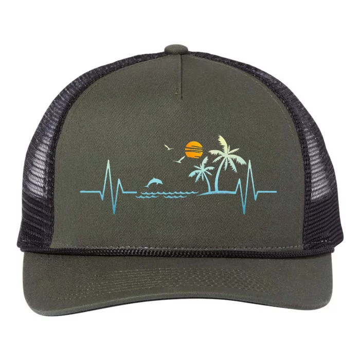 Heartbeat With Tropical Palm Trees Beach Island Sunset Retro Rope Trucker Hat Cap