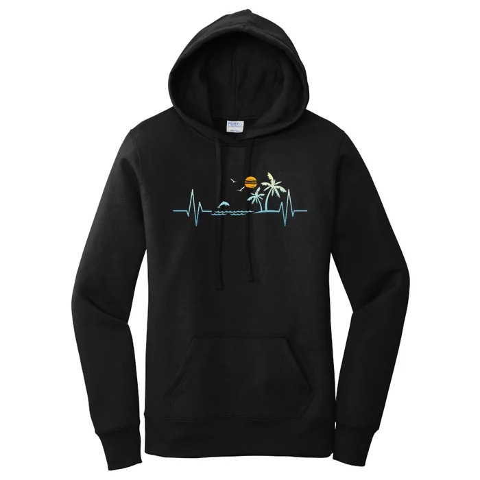 Heartbeat with Tropical Palm Trees Beach Island Sunset Women's Pullover Hoodie