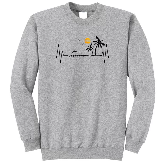 Heartbeat With Tropical Palm Trees Beach Island And Dolphin Tall Sweatshirt