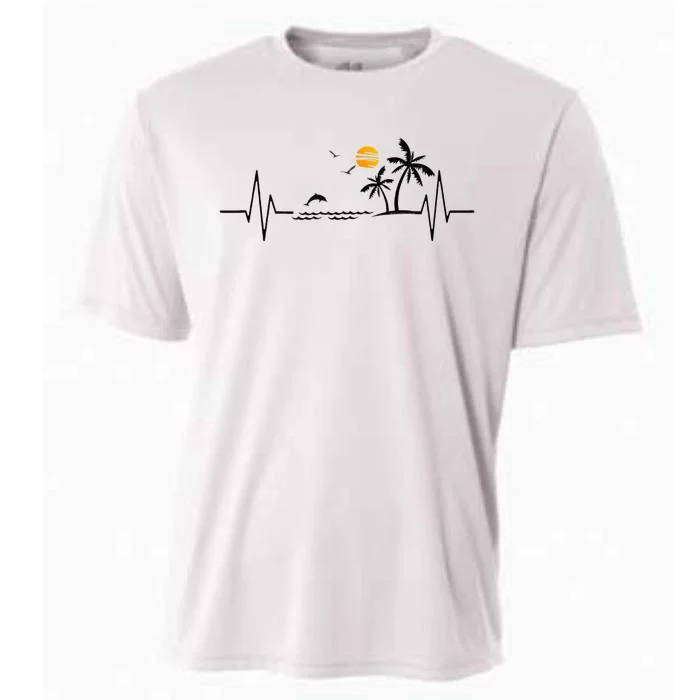 Heartbeat With Tropical Palm Trees Beach Island And Dolphin Cooling Performance Crew T-Shirt