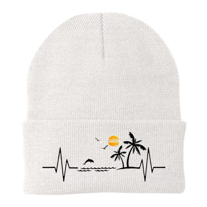 Heartbeat With Tropical Palm Trees Beach Island And Dolphin Knit Cap Winter Beanie