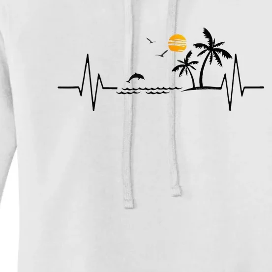 Heartbeat With Tropical Palm Trees Beach Island And Dolphin Women's Pullover Hoodie