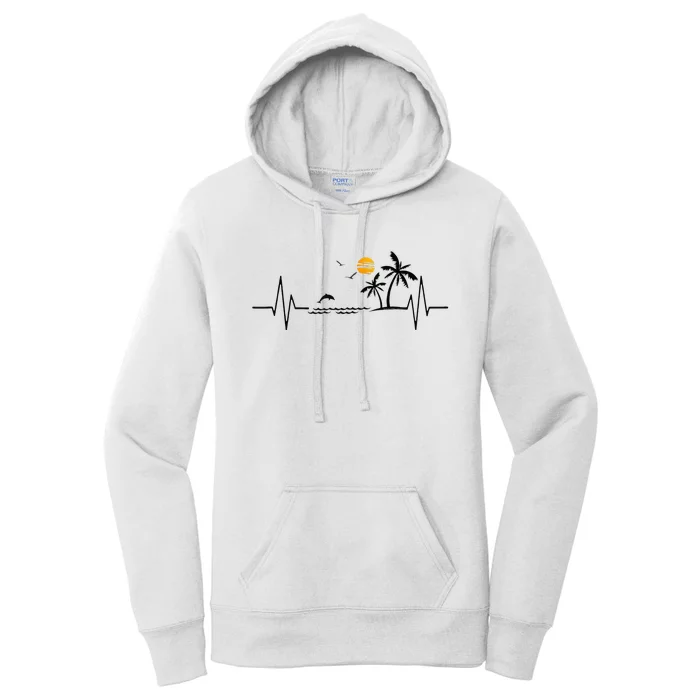 Heartbeat With Tropical Palm Trees Beach Island And Dolphin Women's Pullover Hoodie