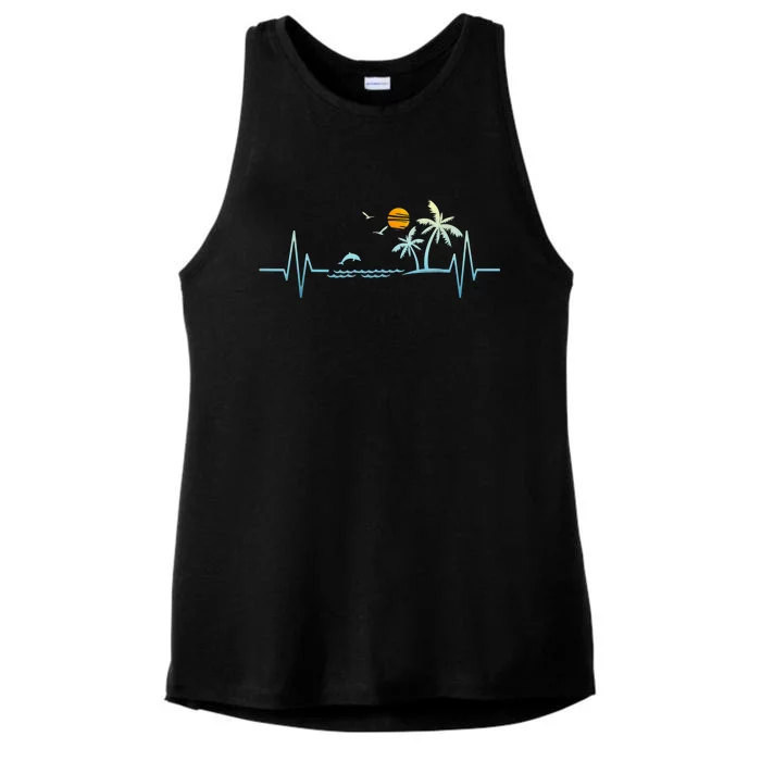 Heartbeat With Tropical Palm Trees Beach Island Sunset Ladies Tri-Blend Wicking Tank