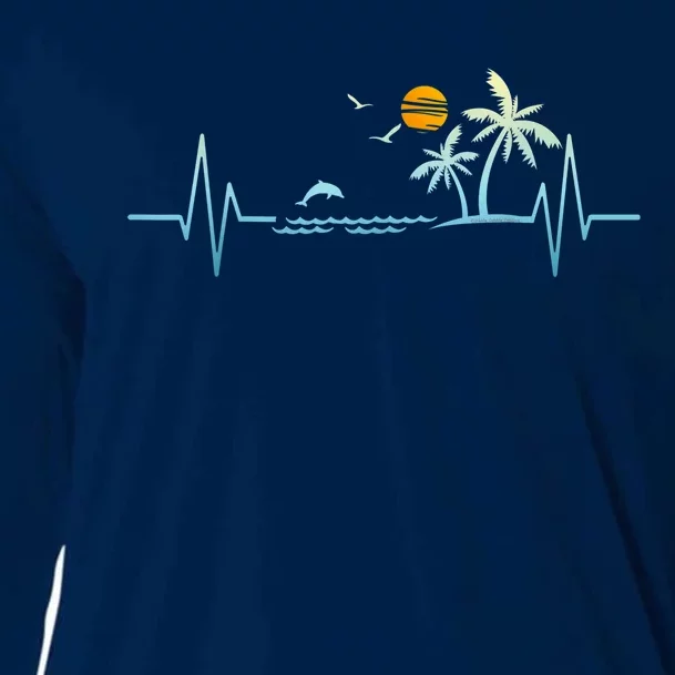 Heartbeat With Tropical Palm Trees Beach Island Sunset Cooling Performance Long Sleeve Crew