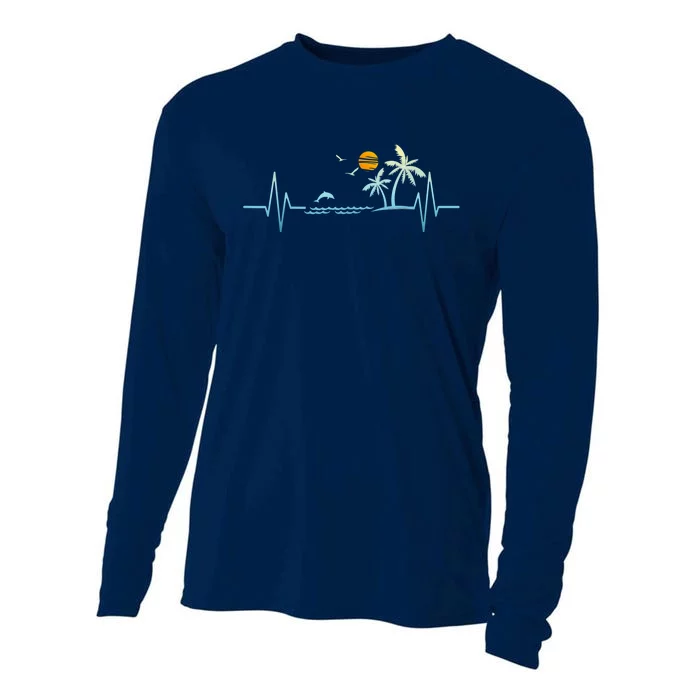 Heartbeat With Tropical Palm Trees Beach Island Sunset Cooling Performance Long Sleeve Crew