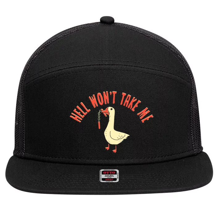 Hell Wont Take Me Funny Duck 7 Panel Mesh Trucker Snapback Hat