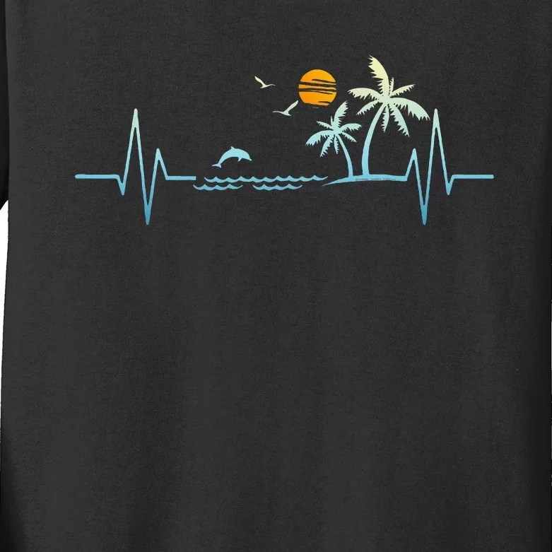 Heartbeat With Tropical Palm Trees Beach Island Sunset Kids Long Sleeve Shirt