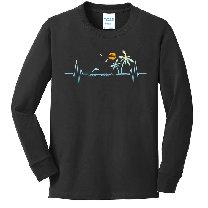 Heartbeat With Tropical Palm Trees Beach Island Sunset Kids Long Sleeve Shirt