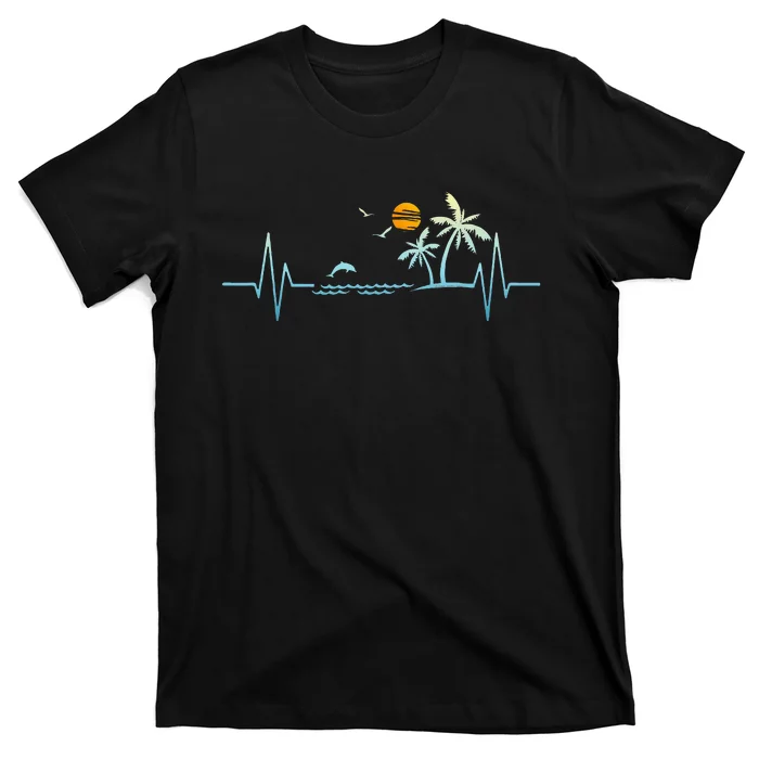 Heartbeat With Tropical Palm Trees Beach Island Sunset T-Shirt