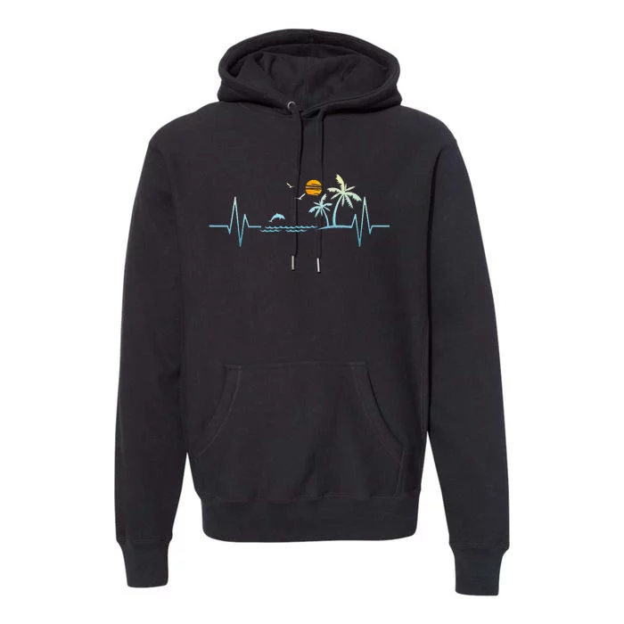 Heartbeat With Tropical Palm Trees Beach Island Sunset Premium Hoodie