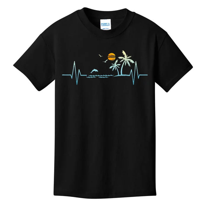 Heartbeat With Tropical Palm Trees Beach Island Sunset Kids T-Shirt