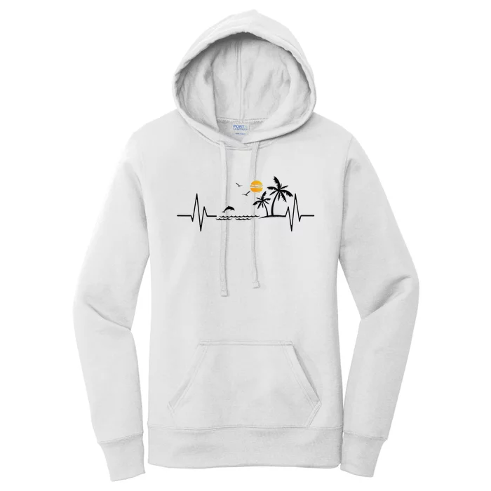 Heartbeat with Tropical Palm Trees Beach Island and Dolphin Women's Pullover Hoodie