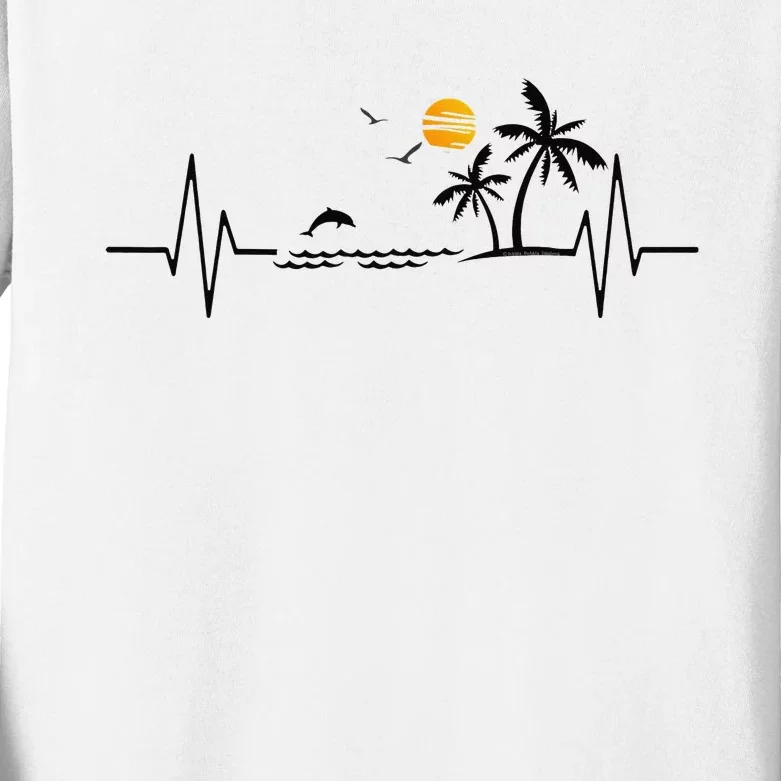 Heartbeat with Tropical Palm Trees Beach Island and Dolphin Kids Long Sleeve Shirt