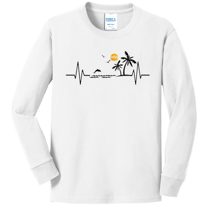 Heartbeat with Tropical Palm Trees Beach Island and Dolphin Kids Long Sleeve Shirt