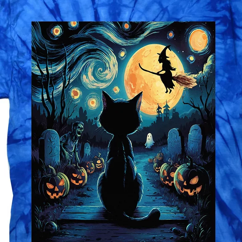 Halloween Witch Van Gogh Starry Night Black Cat Pumpkin Tie-Dye T-Shirt