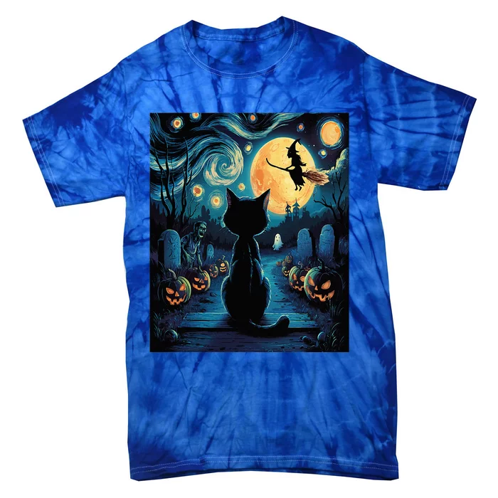 Halloween Witch Van Gogh Starry Night Black Cat Pumpkin Tie-Dye T-Shirt