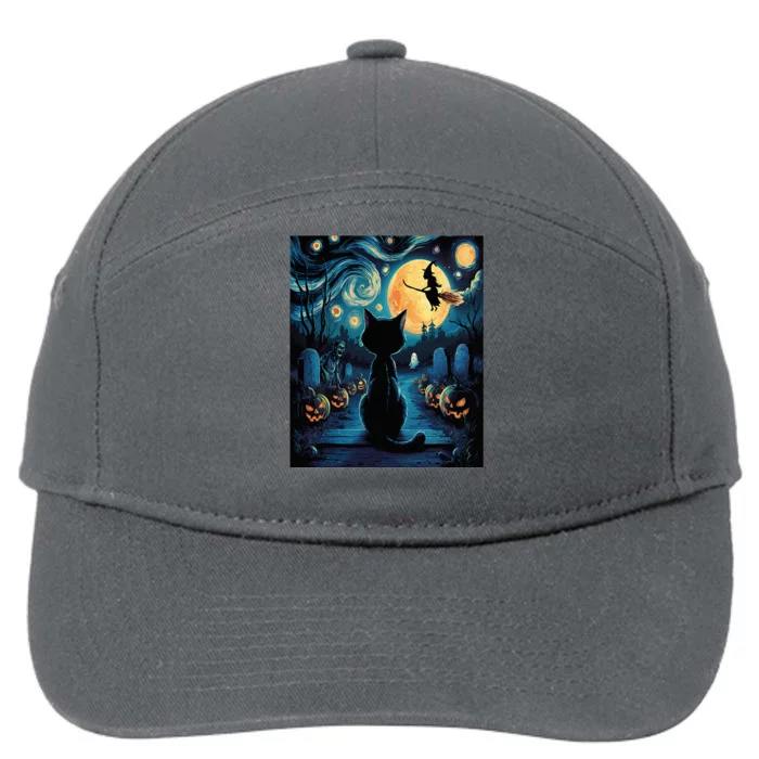 Halloween Witch Van Gogh Starry Night Black Cat Pumpkin 7-Panel Snapback Hat