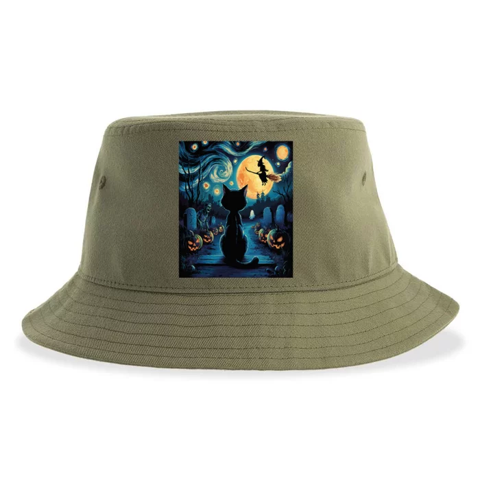 Halloween Witch Van Gogh Starry Night Black Cat Pumpkin Sustainable Bucket Hat