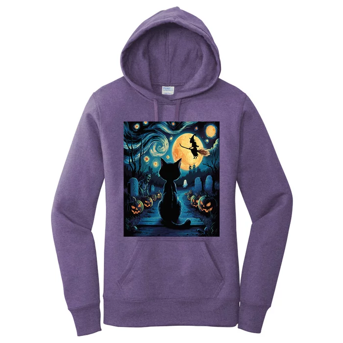 Halloween Witch Van Gogh Starry Night Black Cat Pumpkin Women's Pullover Hoodie