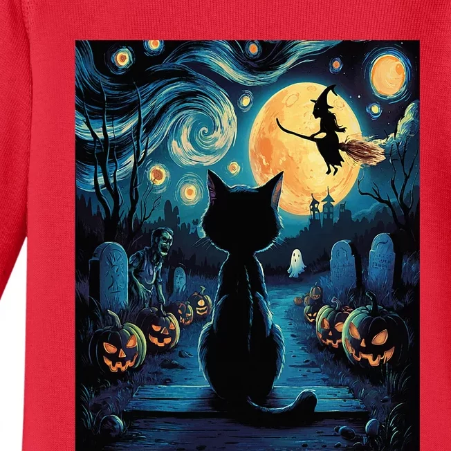 Halloween Witch Van Gogh Starry Night Black Cat Pumpkin Baby Long Sleeve Bodysuit