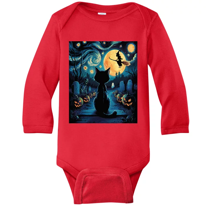 Halloween Witch Van Gogh Starry Night Black Cat Pumpkin Baby Long Sleeve Bodysuit