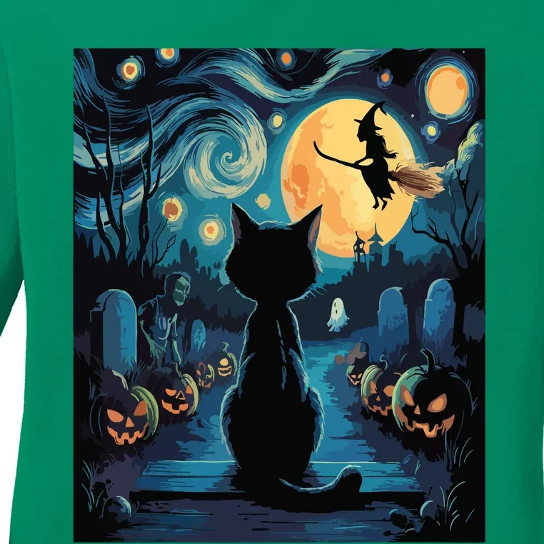 Halloween Witch Van Gogh Starry Night Black Cat Pumpkin Ladies Long Sleeve Shirt