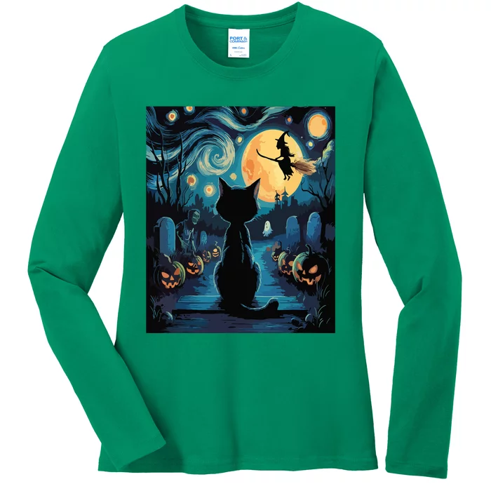 Halloween Witch Van Gogh Starry Night Black Cat Pumpkin Ladies Long Sleeve Shirt