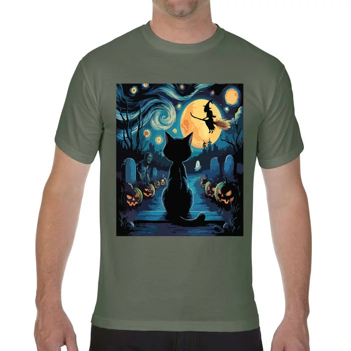 Halloween Witch Van Gogh Starry Night Black Cat Pumpkin Comfort Colors T-Shirt