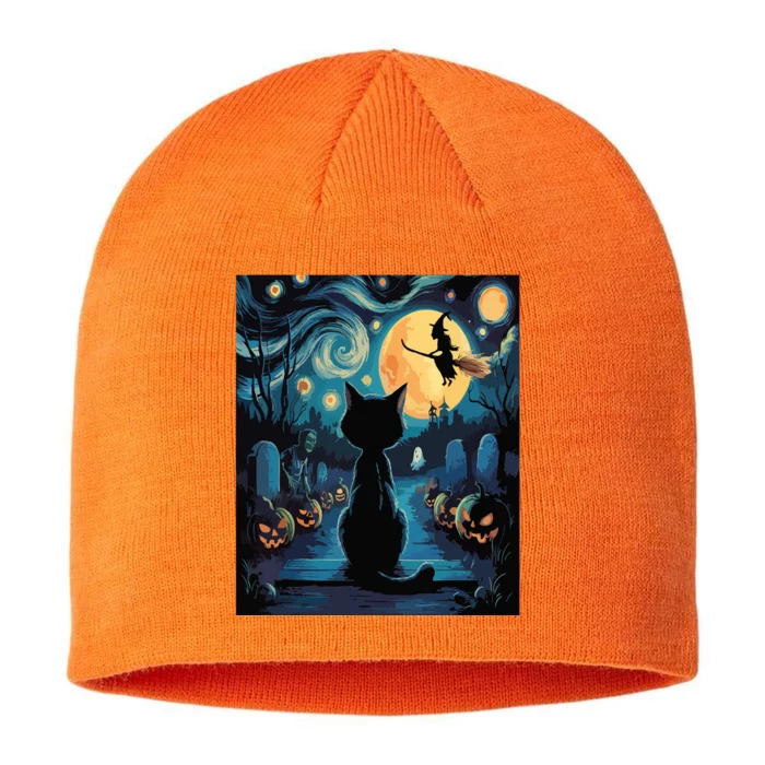 Halloween Witch Van Gogh Starry Night Black Cat Pumpkin 8 1/2in Sustainable Knit Beanie