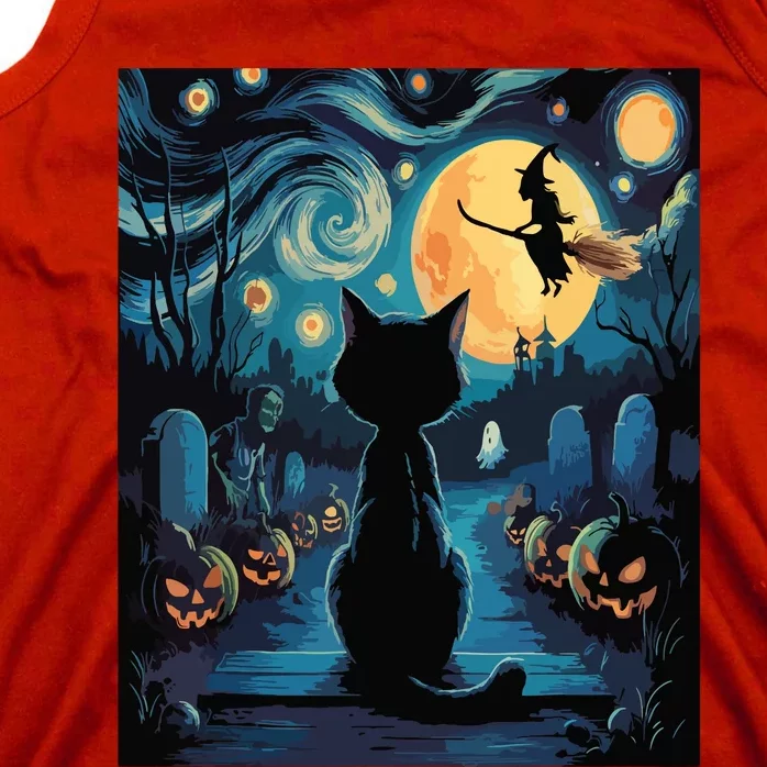 Halloween Witch Van Gogh Starry Night Black Cat Pumpkin Tank Top