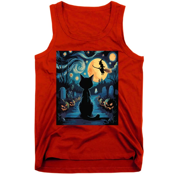 Halloween Witch Van Gogh Starry Night Black Cat Pumpkin Tank Top