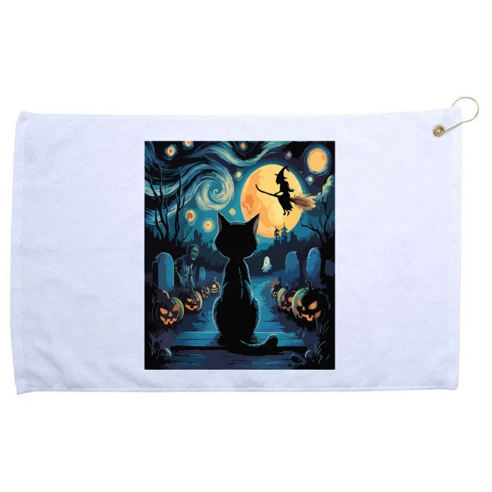 Halloween Witch Van Gogh Starry Night Black Cat Pumpkin Grommeted Golf Towel