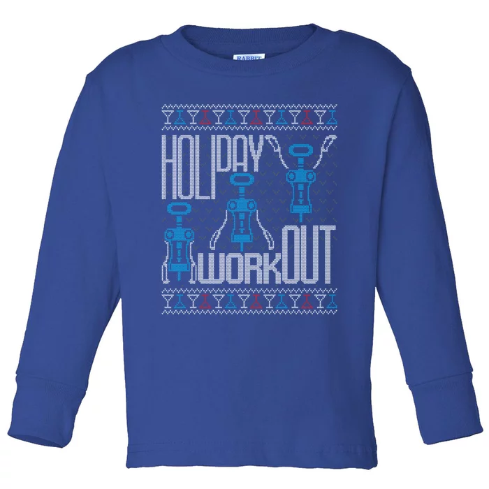 Holiday Workout Wine Corkscrew Funny Ugly Christmas Sweater Gift Toddler Long Sleeve Shirt