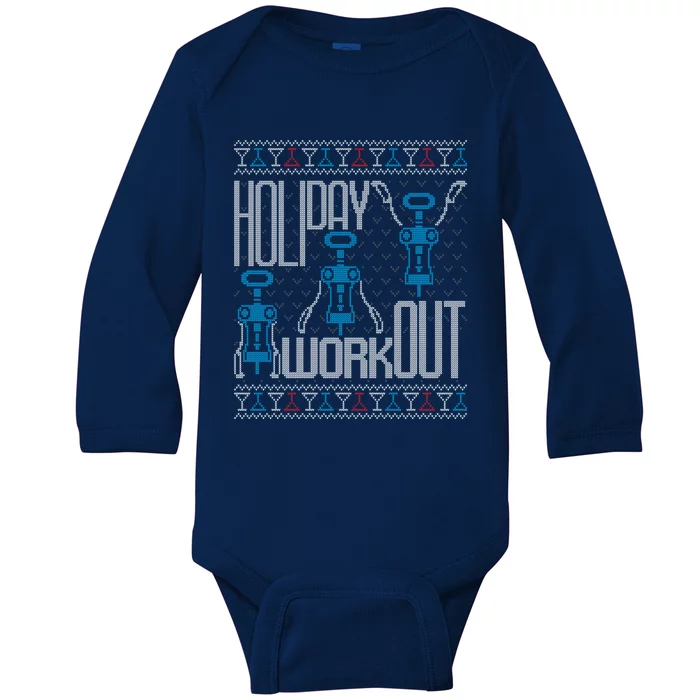 Holiday Workout Wine Corkscrew Funny Ugly Christmas Sweater Gift Baby Long Sleeve Bodysuit