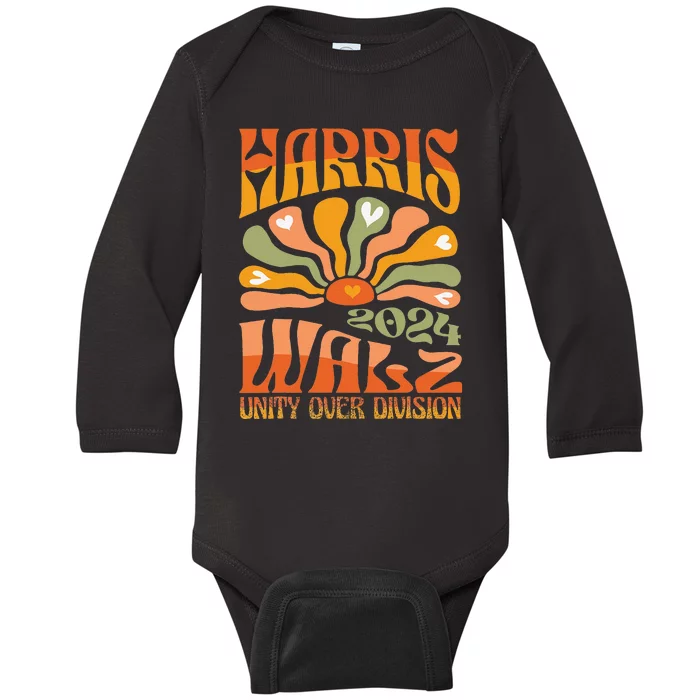 Harris Walz Waltz 2024 Unity Over Division Baby Long Sleeve Bodysuit