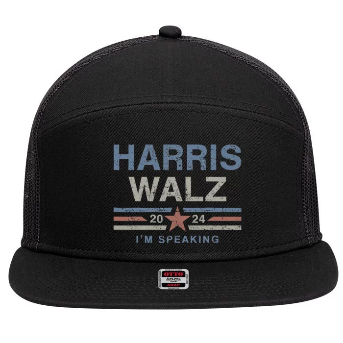 Harris Walz Waltz 2024 I’M Speaking Vintage Kamala Tim Walz 7 Panel Mesh Trucker Snapback Hat