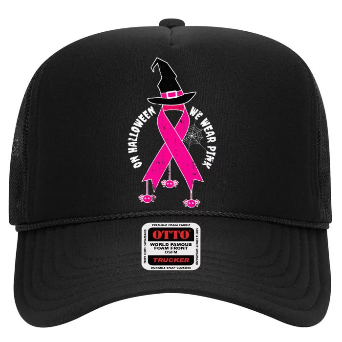 Halloween Witch Wear Pink Cool Breast Cancer Awareness Gifts High Crown Mesh Trucker Hat