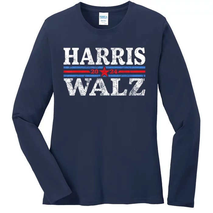 Harris Walz Waltz 2024 Vintage Style Kamala Harris Tim Walz Ladies Long Sleeve Shirt