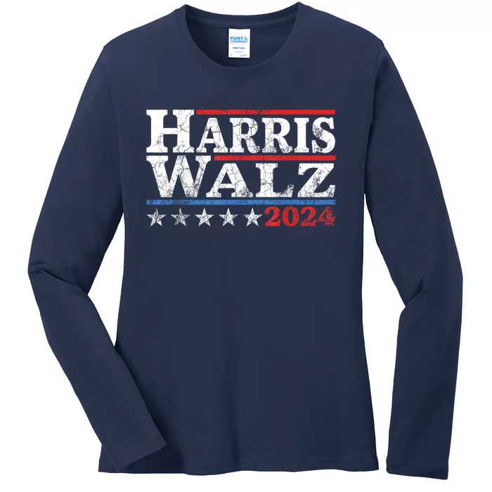 Harris Walz Waltz 2024 Vintage Style Kamala Harris Tim Walz Ladies Long Sleeve Shirt