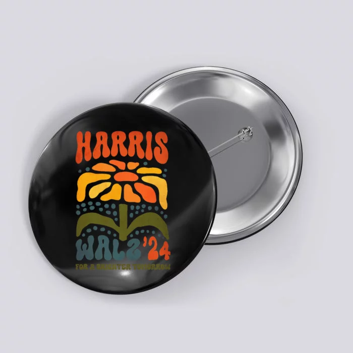 Harris Walz Waltz 2024 Retro Boho Vintage Groovy Flowers Gift Button