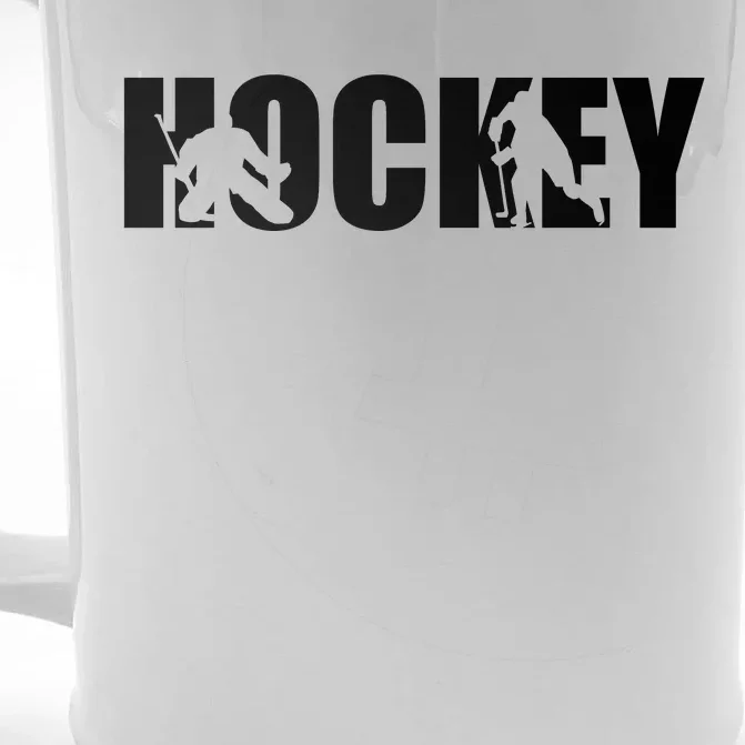 Hockey Word With Cut Out Silhouettes Front & Back Beer Stein