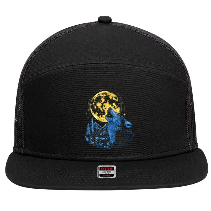 Howling Wolf Yellow Moon 7 Panel Mesh Trucker Snapback Hat