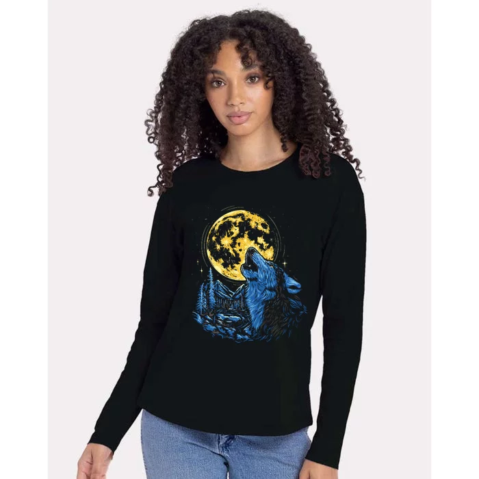 Howling Wolf Yellow Moon Womens Cotton Relaxed Long Sleeve T-Shirt