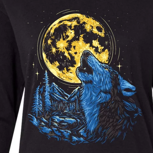 Howling Wolf Yellow Moon Womens Cotton Relaxed Long Sleeve T-Shirt