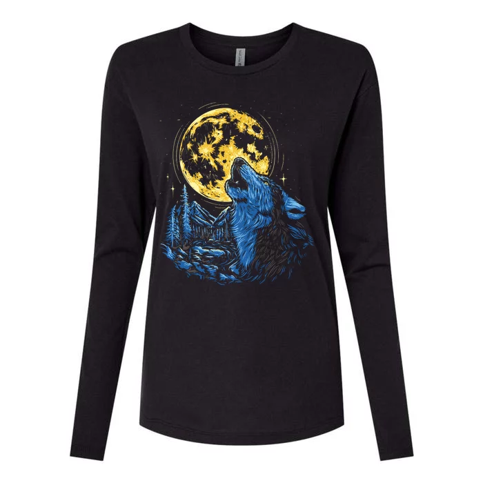 Howling Wolf Yellow Moon Womens Cotton Relaxed Long Sleeve T-Shirt