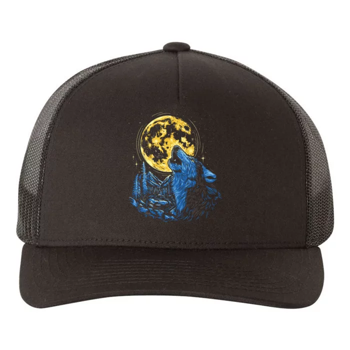 Howling Wolf Yellow Moon Yupoong Adult 5-Panel Trucker Hat